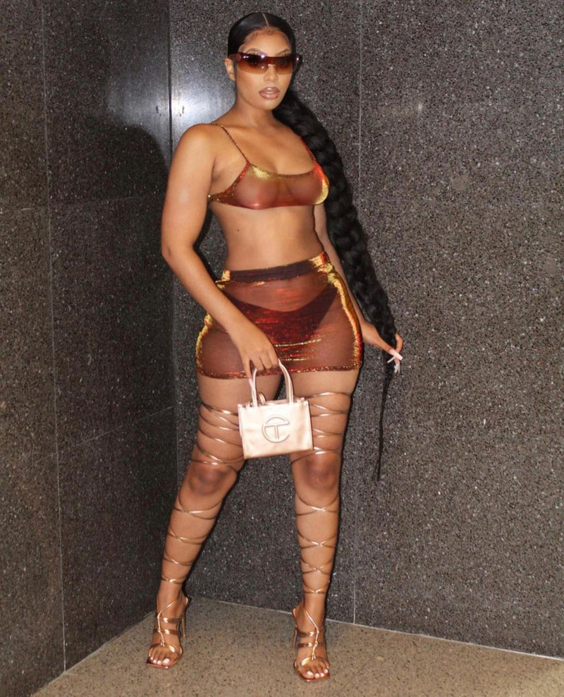 Mesh See Through Sling Top And Skirts Two Piece Set JZHF 8030