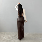 Solid Color High Waist Split PU Long Skirt GPBY 16562