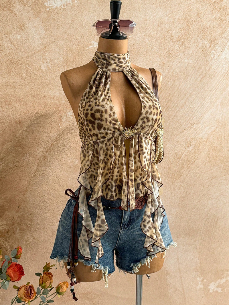 Leopard Print Backless Mesh Irregular Tank Top GXIY K26L2307
