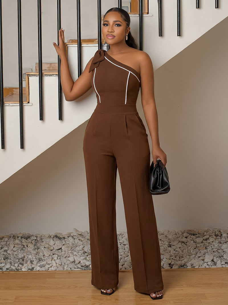 Single Shoulder Solid Color Bow tie Jumpsuit GYLY 10729