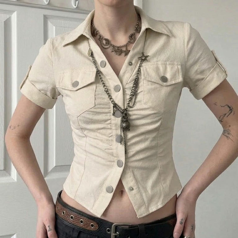 Short Sleeve Lapel Solid Color Shirt GPKJ MR49194