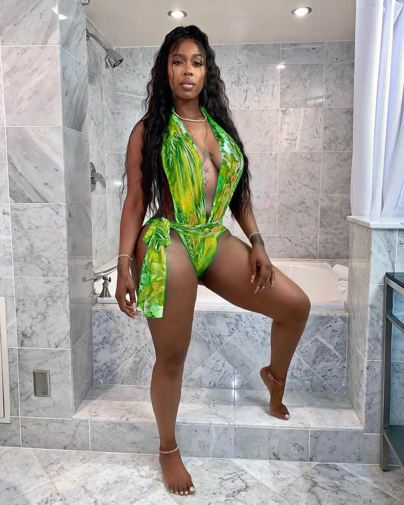 Sexy Floral Print Deep V One Piece Swimsuit MDF 5214