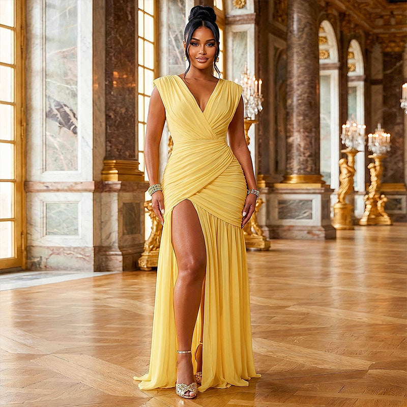 Solid Color Ruched V Neck Maxi Dress GJYO JD305606