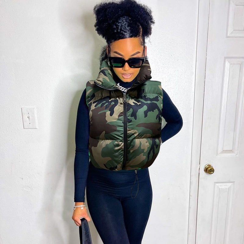 Camouflage Collar Sleeveless Short Cotton Jacket Coat GNZD 9445TD