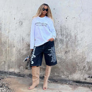 Plus Size Letter Print Washed Denim Shorts GYLN 0217