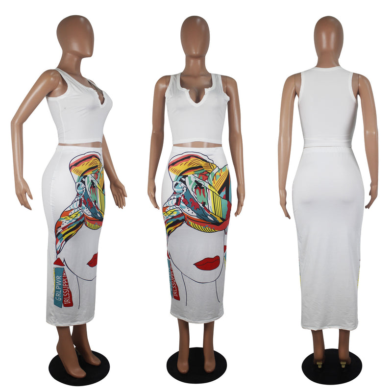 Character Print Sleeveless Long Skirt 2 Piece Sets SHD 9290