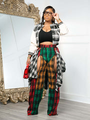 Plaid Print Thickened Patchwork PU Leather Jacket CM 9535