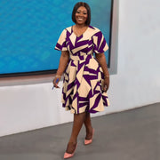 Plus Size V Neck Print Split Midi Dress NNWF 8074