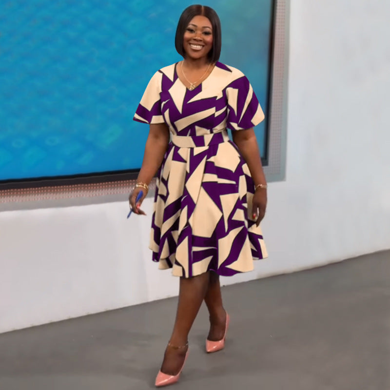 Plus Size V Neck Print Split Midi Dress NNWF 8074