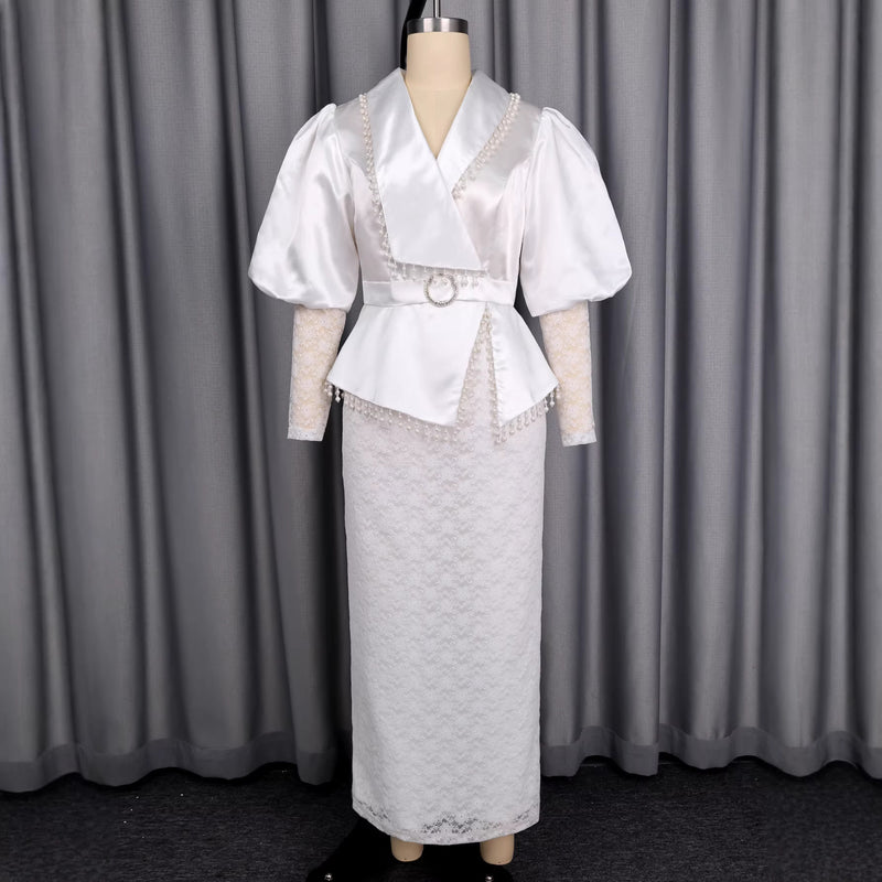 Plus Size Lace Patchwork Mesh Puff Sleeve Long Dress GKEN ADR060241