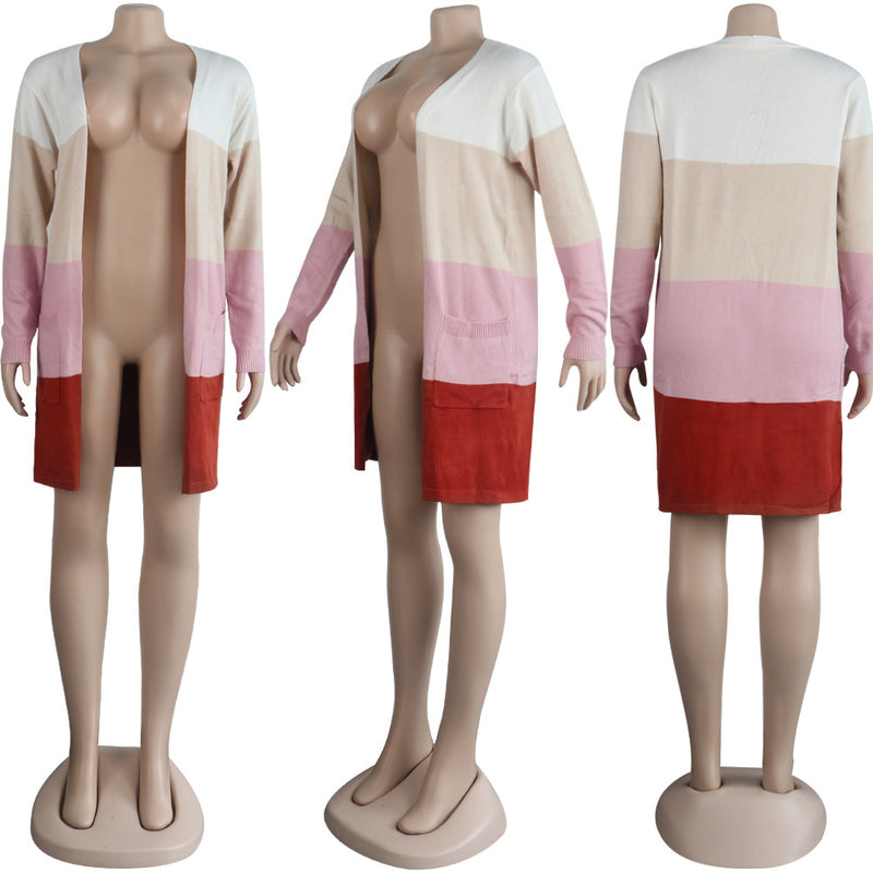 Knitted Striped Full Sleeve Midi Sweater Cardigan FSXF F333