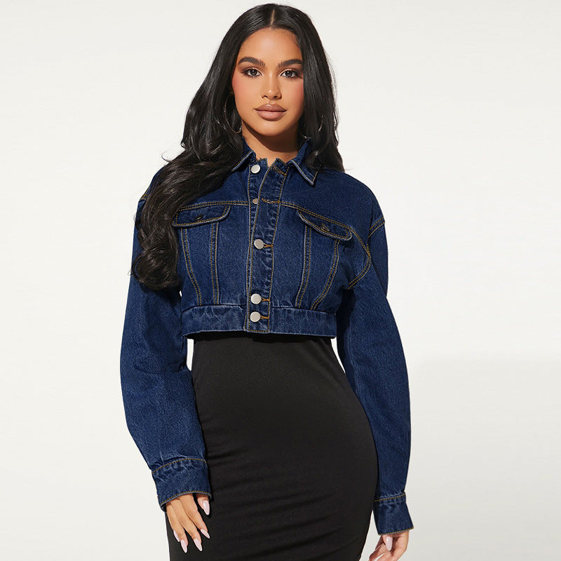 Button Cardigan Long Sleeve Short Denim Jacket GDAM 218578