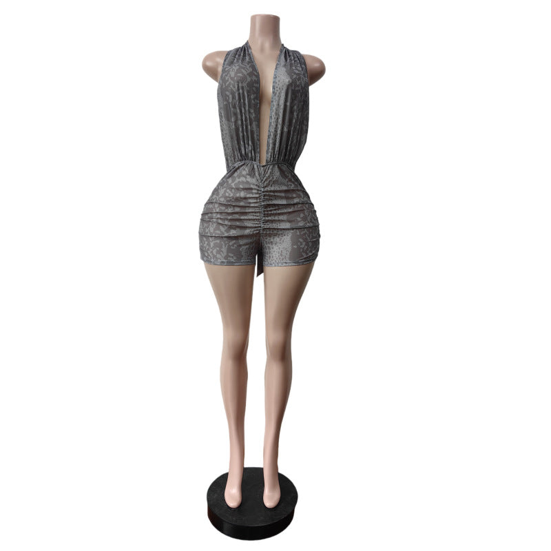 Halterneck Tie Up Backless Print Romper MEM 88698