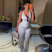 Halterneck V Neck Polka Dot Print Jumpsuit GJYO JS919185