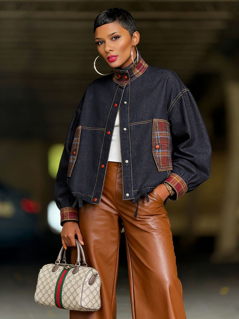 Plaid Patchwork Long Sleeve Denim Coats GYLN 9067