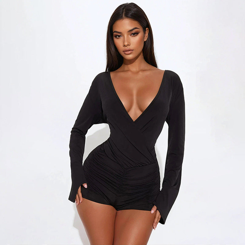 Deep V Neck Flare Long Sleeve Romper GDSF D25RP539