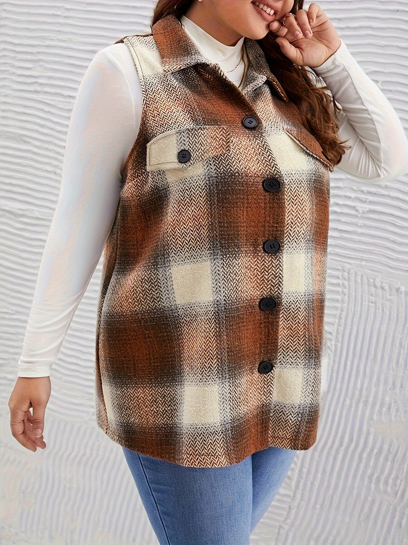 Plus Size Plaid Print Sleeveless Vest Coat GAWE 6423