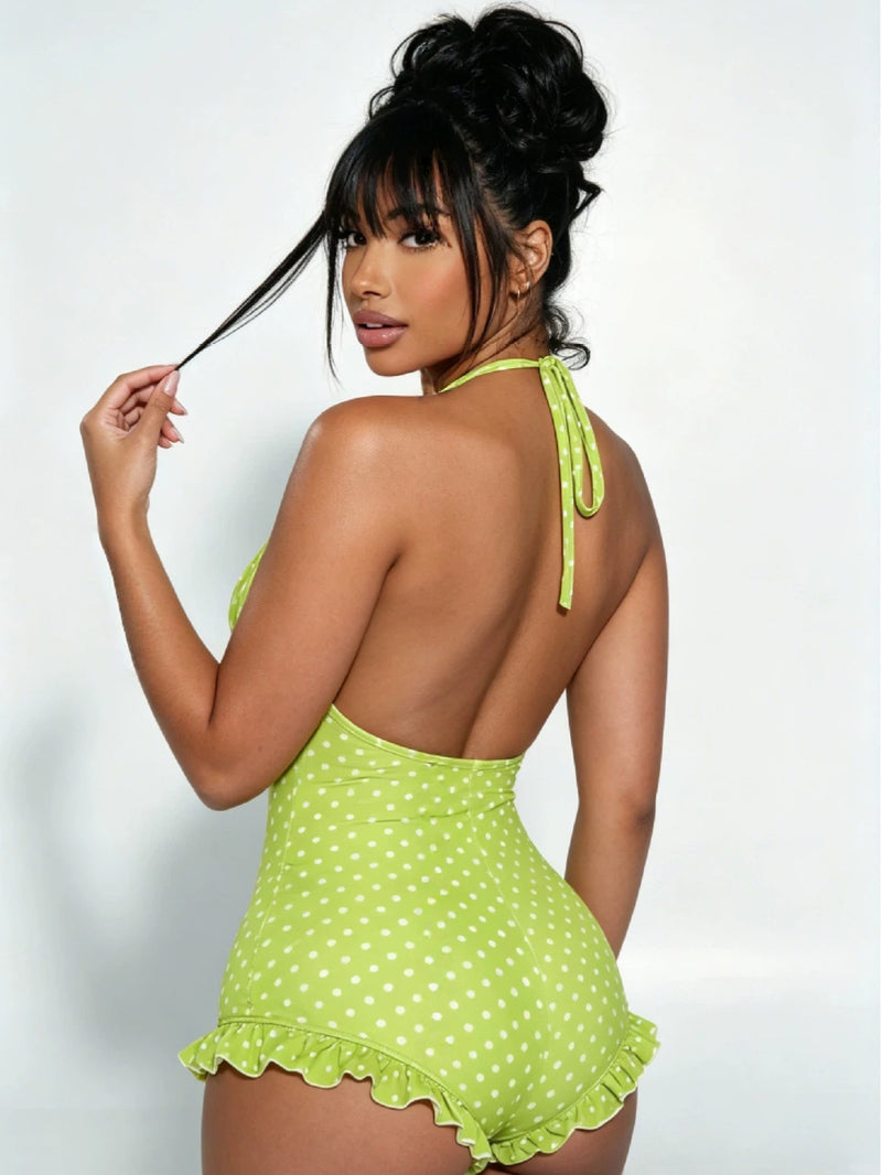 Polka Dots Print Tie Up Ruffles Romper GDYF 6814