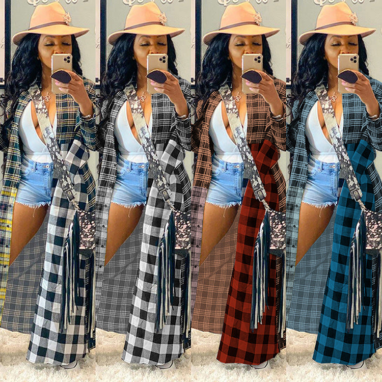 Plus Size Plaid Print Long Sleeve Maxi Shirt GLF 08082