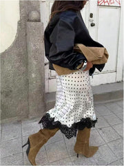 Lace Patchwork Polka Dot Print Mid Skirts GXIY K26L2106