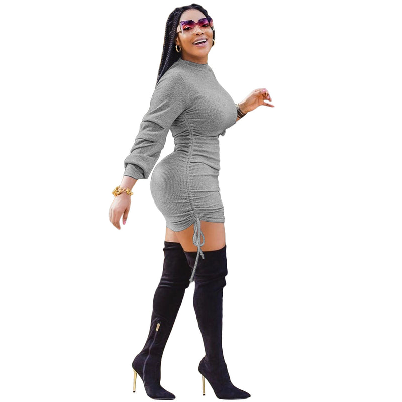 Sexy Solid Long Sleeve Ruched Mini Bodycon Dress XMY 9278