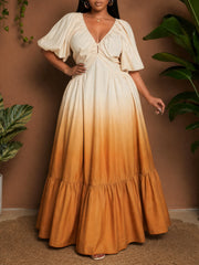 V Neck Puff Sleeve Gradient Color Maxi Dress GYLY 11265