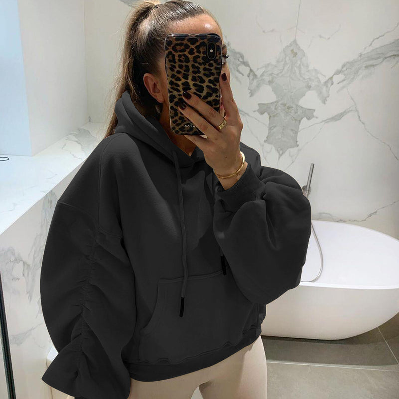 Plus Size Padded Thicker Long Sleeve Solid Color Hooded Sweatshirt YIM 022
