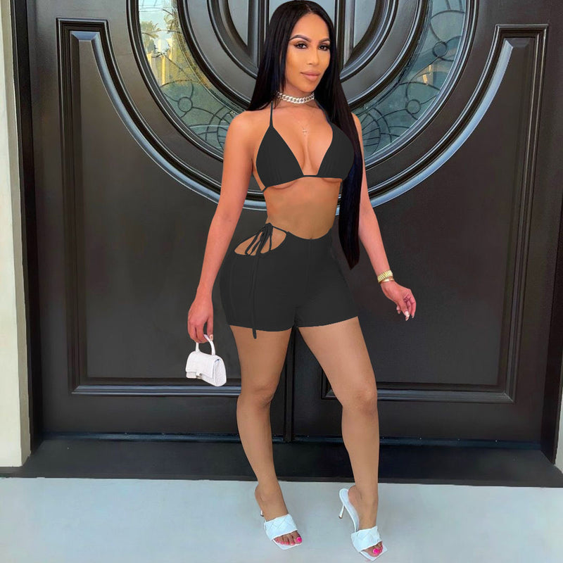 Sexy Solid Bra Top And Shorts Two Piece Sets FOSF 8082