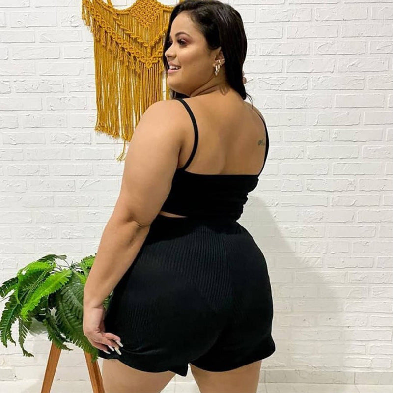 Plus Size Solid Color Sling Vest Culottes Suit NNWF 7199
