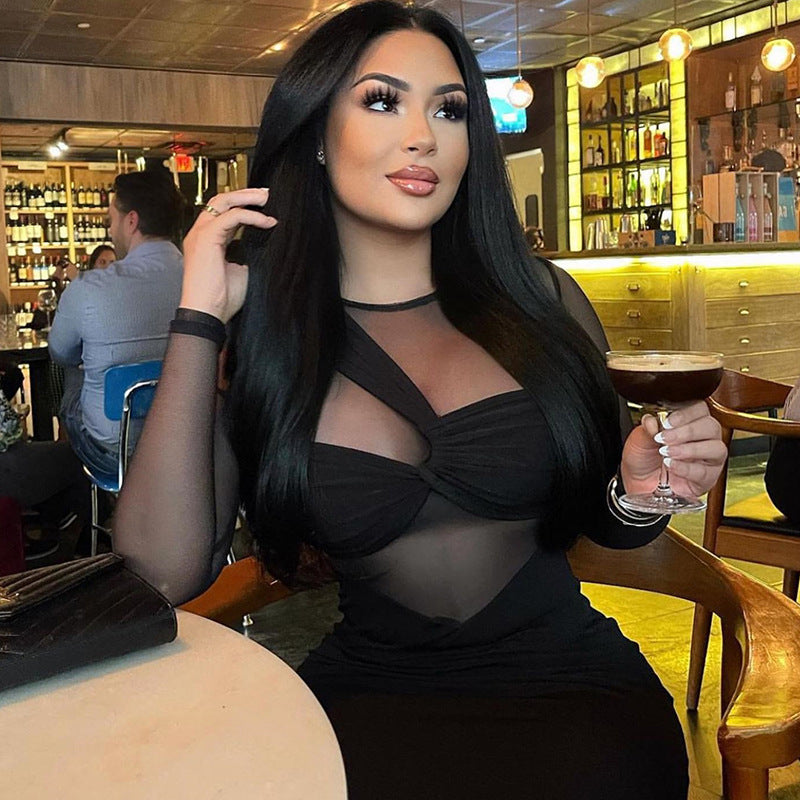Mesh Patchwork Long Sleeve Bodycon Dress GJYO 297666