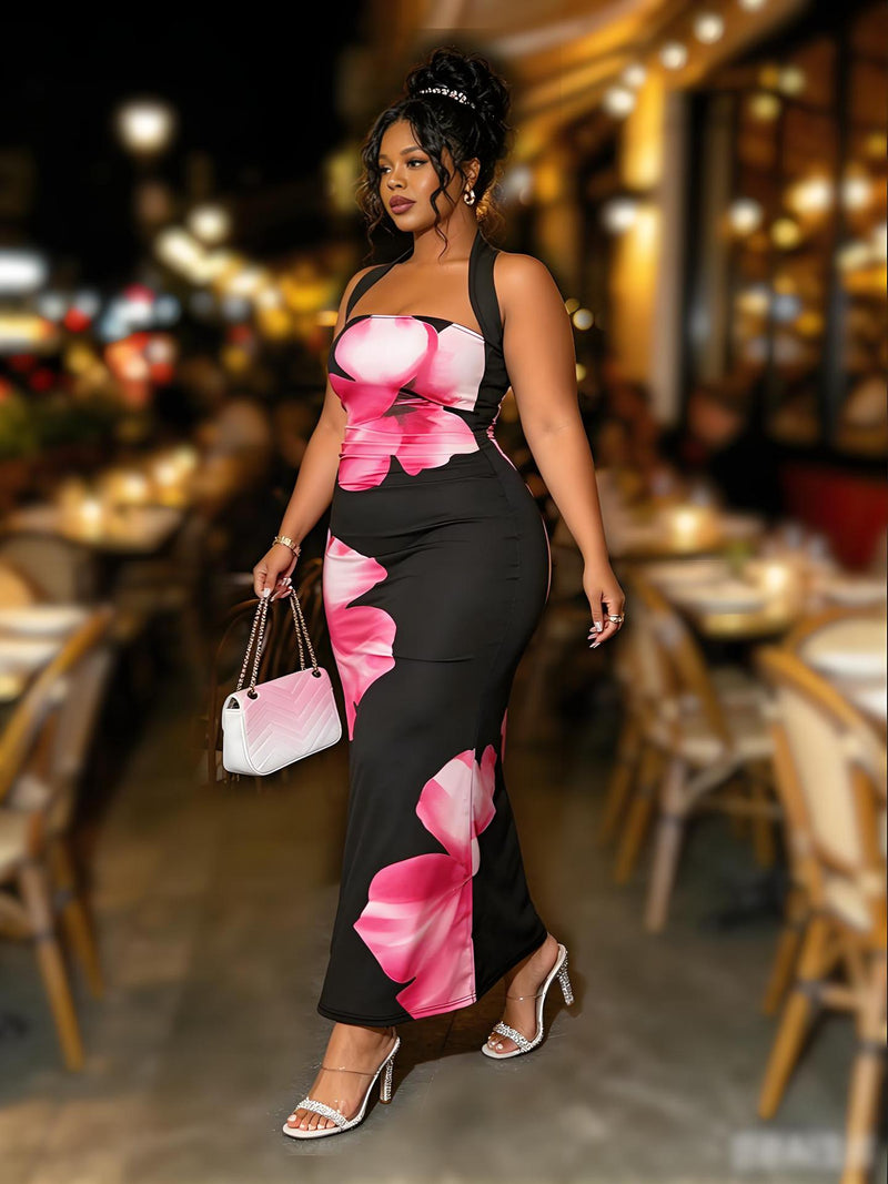 Plus Size Print Halterneck Slim Maxi Dress GAWE 6758