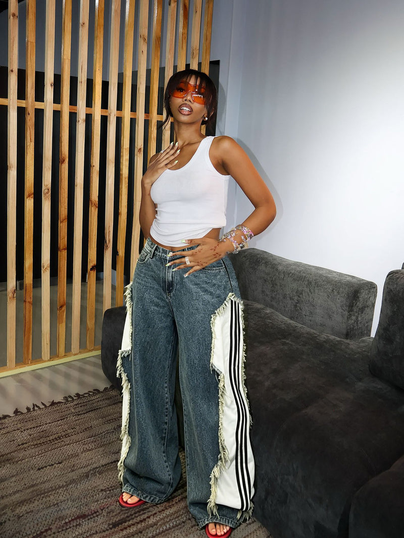 Plus Size Stripe Patchwork Loose Straight Jeans GYLN 1652
