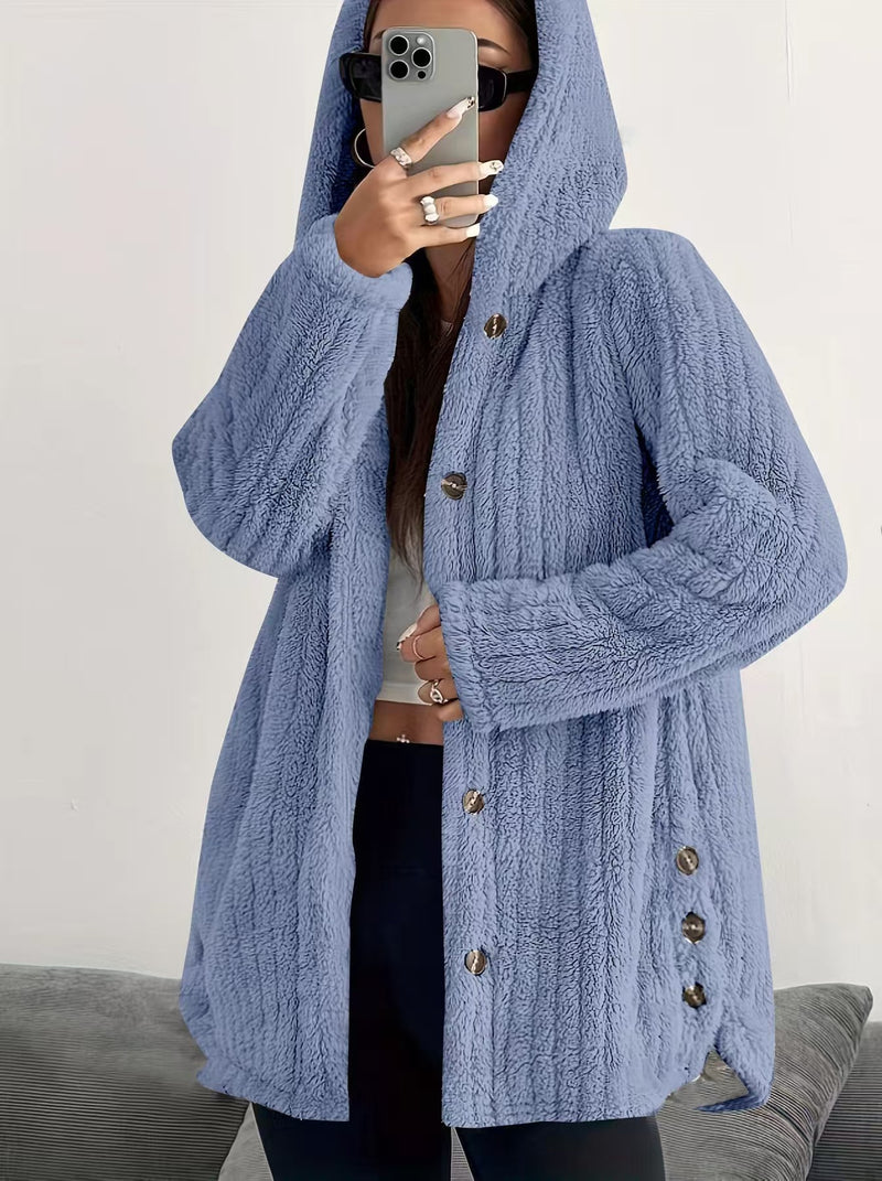 Solid Color Buttoned Long Sleeve Hooded Plush Fashion Coat GYOU CX1022