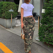 Plus Size Camouflage Printed Washed Long Skirt GNZD 9149DD