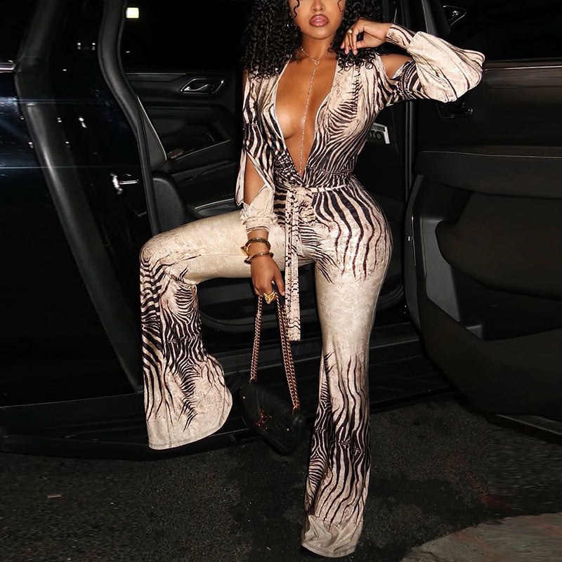 Deep V Neck Print Hollow Out Jumpsuit SHD 9991