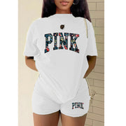 Plus Size PINK Letter Print T shirt And Shorts Two Piece Set GMZD M3111P41
