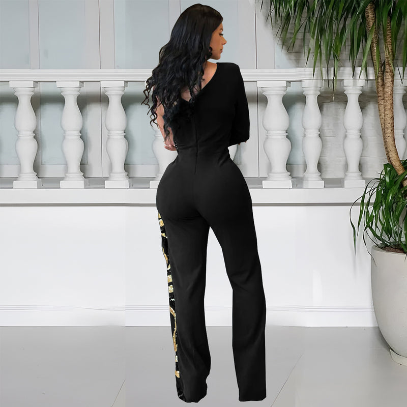 Single Shoulder Long Sleeve Sequin Jumpsuit BY 7301