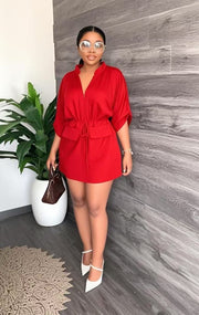 Loose V Neck Tie Up Mini Dress GADE 2546