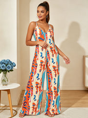 Plus Size V Neck Print Graffiti Print Sling Jumpsuit QMZF 1837