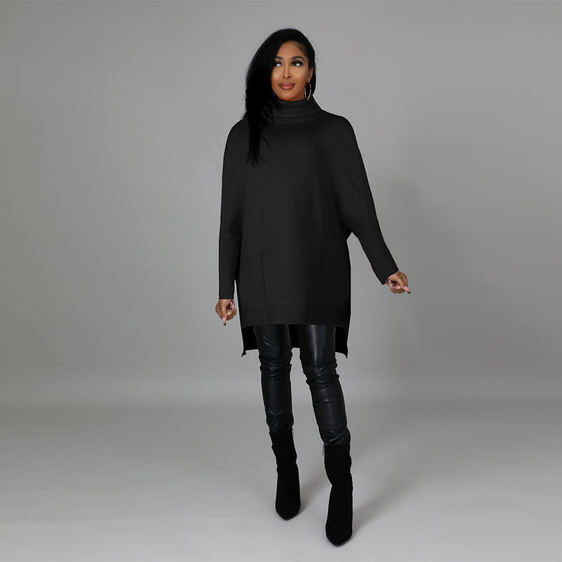 Solid Turtleneck Split Pullover Sweater Top FSXF F337