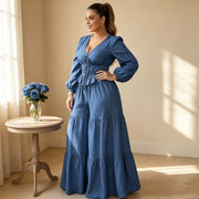 Plus Size Bubble Sleeve Drawstring Top Wide Leg Pants Suit QMZF 21195