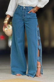 Hollow Out Split Floral Jeans GYLN 8714