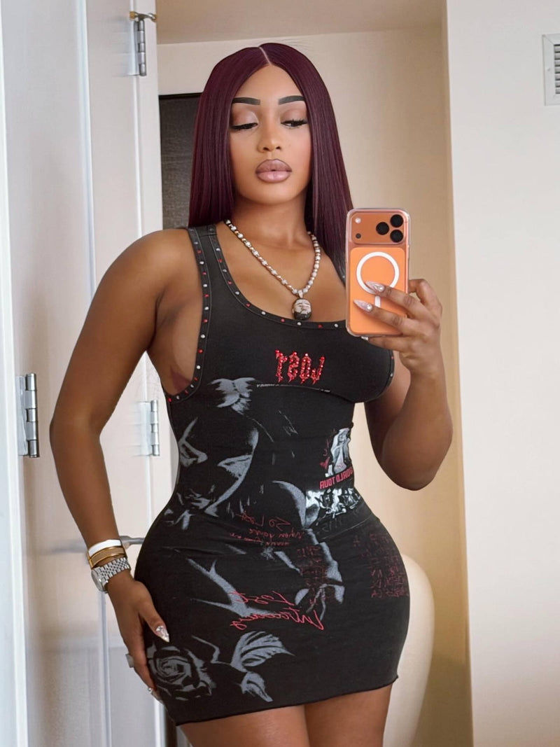 Letter Print Sleeveless U Neck Mini Dress GNJF FF 256