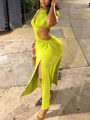 Hollow Out Short Sleeve Split Maxi Dress HNIF MC040