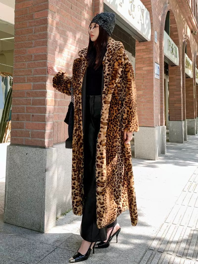 Plus Size Faux fur Leopard Print Rabbit Fur Extra Long Coat HHMY PO1022