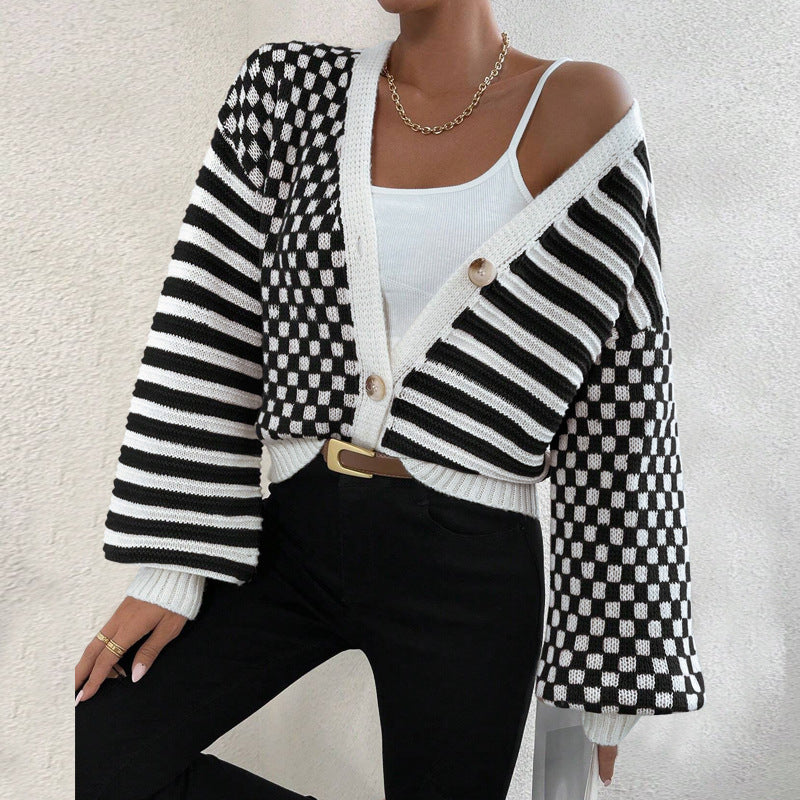 Plaid Patchwork Stripe Knits Coats GDAM 1027