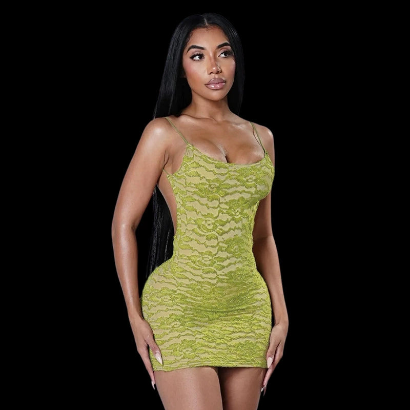 Lace Patchwork Backless Sling Mini Dress GDSF D26DS073