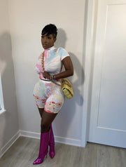 Casual Printed Short Sleeve Tight 2 Piece Suits HMS 5466