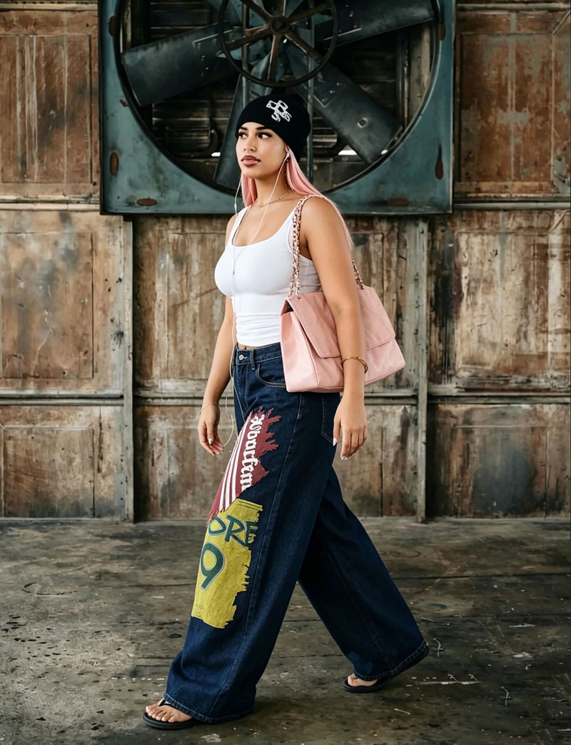 Plus Size Patchwork Graffiti And Print Loose Jeans GYLN 0824