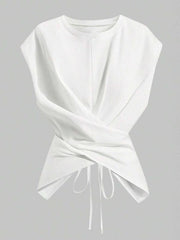 Solid Color Short Sleeve Tie Up T Shirts WAF 77888